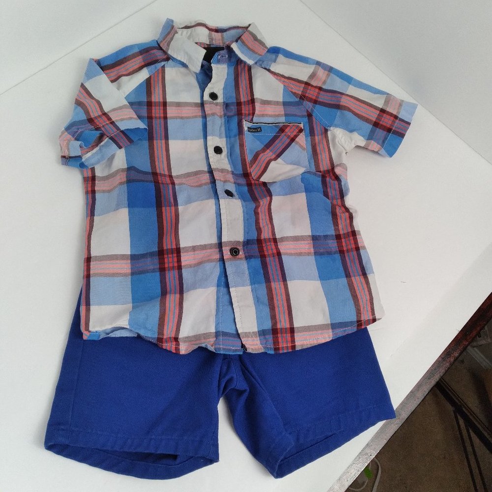 Plaid and Blue Short Outfit (12mo Boy)  (w Tags) Hurley  Janie and Jack